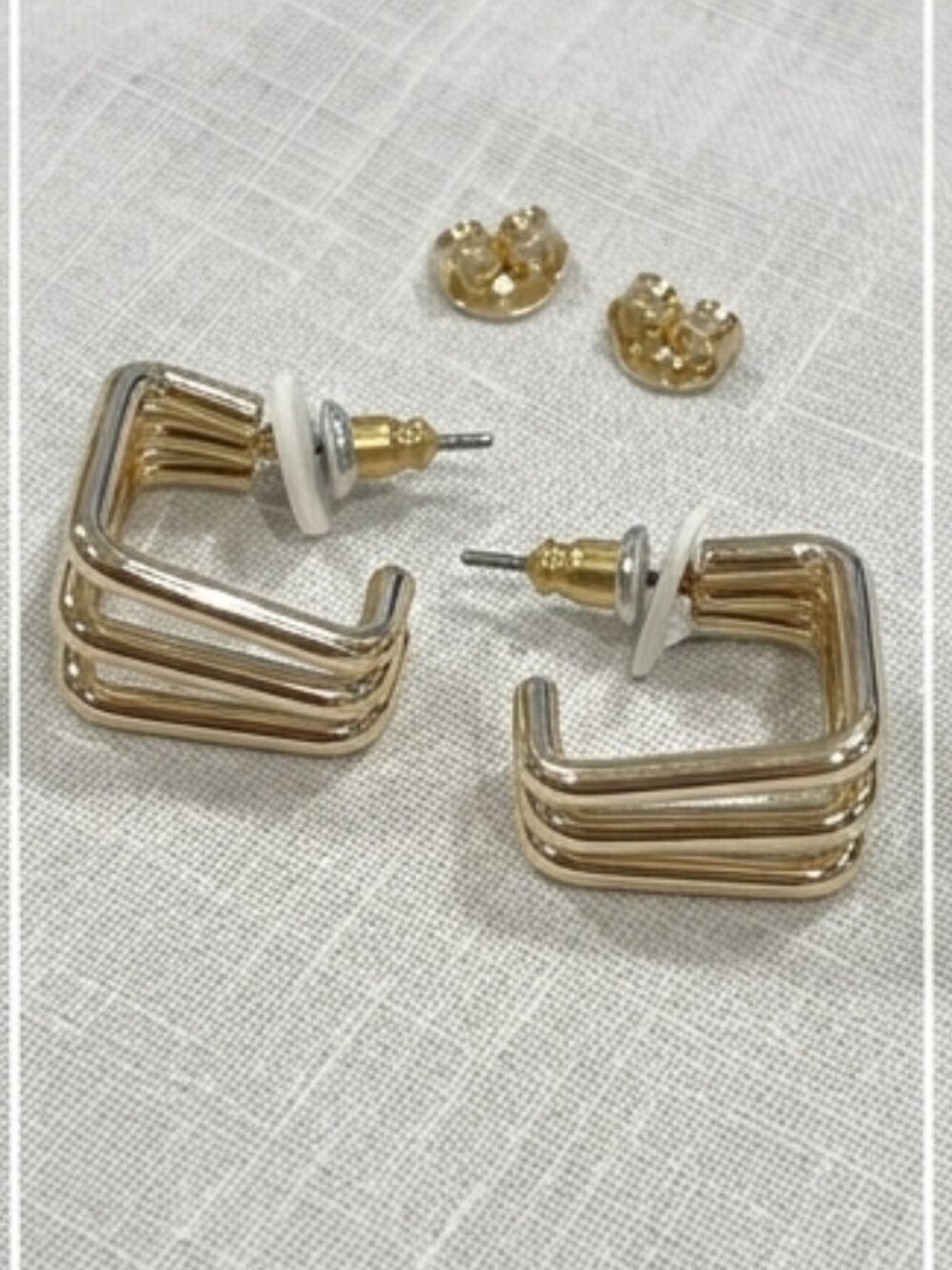 NWT Gold Triple Hoop Square Earrings Minimalist Geometric Pierced Plated NEW